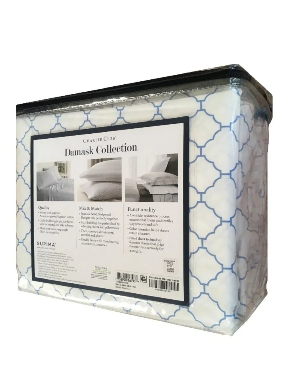 new ARABESQUE Charter Club 550 TC Cotton CAL KING X-Deep Sheet Set BLUE on WHITE